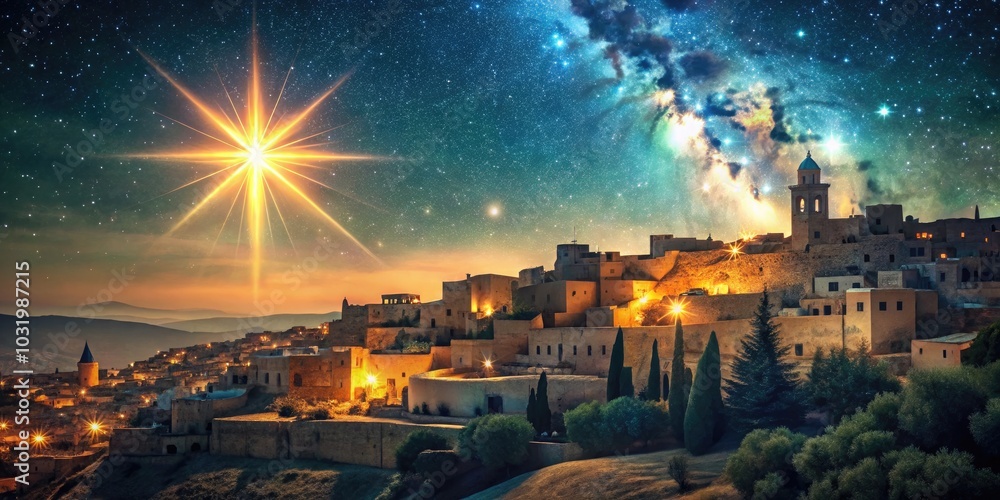 Fototapeta premium Vintage Style Photography of the Star of Bethlehem Illuminating the Birthplace of Jesus Near Jerusalem 2000 Years Ago, Capturing the Essence of Historical Spirituality and Cultural Heritage