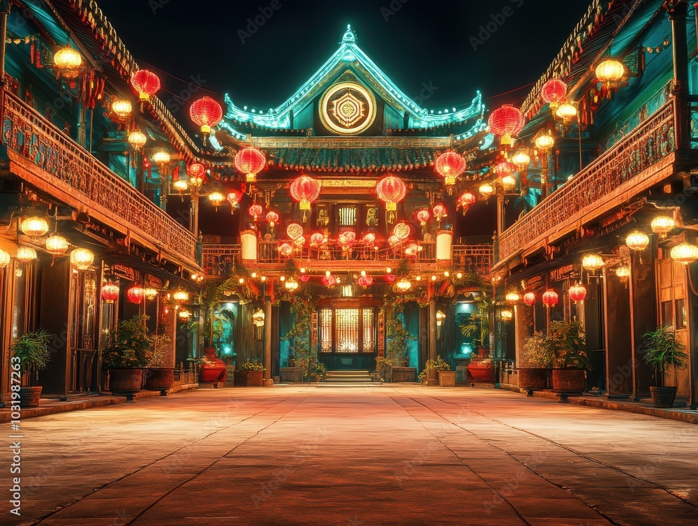 Illuminated traditional courtyard adorned with vibrant lanterns at night. Illuminated traditional courtyard adorned with vibrant lanterns at night.