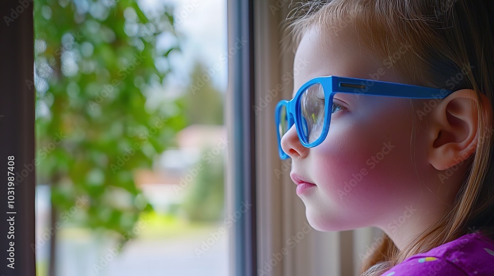 Young child wearing blue glasses focusing on distant tree outside window, symbolizing myopia prevention and importance of outdoor activities. Young child wearing blue glasses focusing on distant tree outside window, symbolizing myopia prevention and importance of outdoor activities.