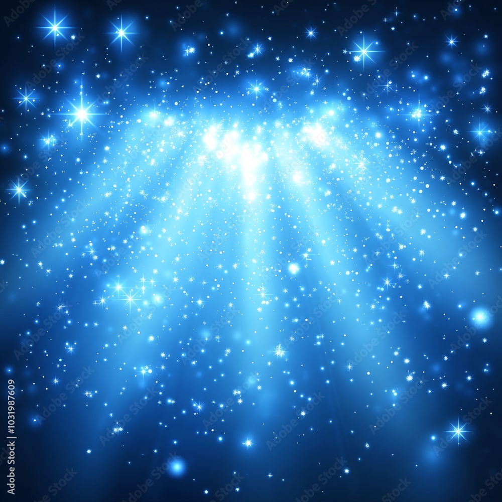Blue Glowing Background With Sparkles And Rays Of Light, Abstract Festival Holiday Backdrop. Blue Glowing Background With Sparkles And Rays Of Light, Abstract Festival Holiday Backdrop.