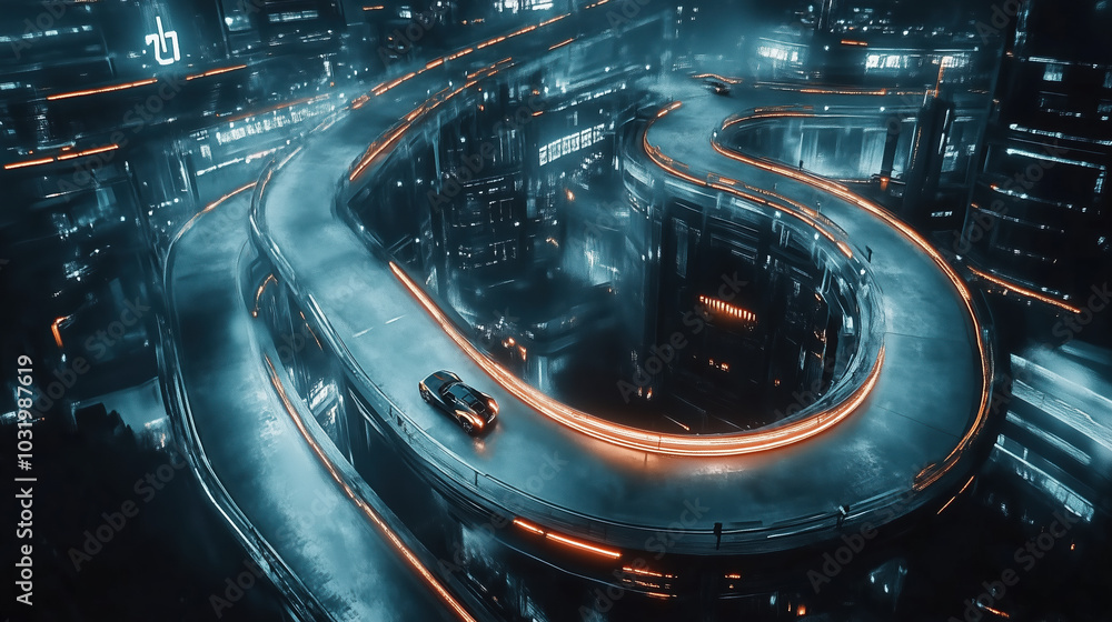 Cinematic Aerial Establishing Shot of a Futuristic Self-Contained Race Car Track in a Vibrant Cyberpunk Metropolis at Dusk Cinematic Aerial Establishing Shot of a Futuristic Self-Contained Race Car Track in a Vibrant Cyberpunk Metropolis at Dusk
