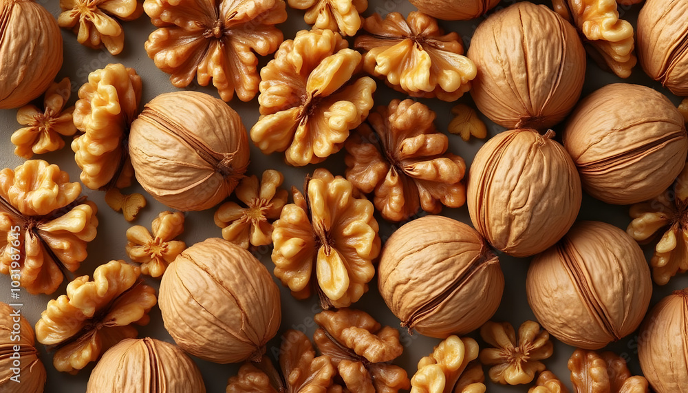 Assorted nuts background, walnuts and almonds close-up Assorted nuts background, walnuts and almonds close-up