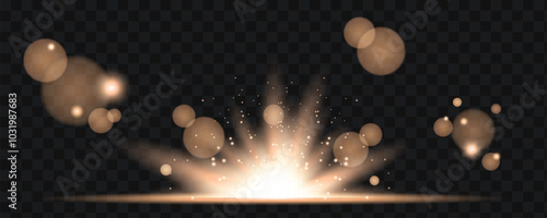Gold light effect. Glow isolated transparent light, lens flare, explosion, sunrise, glitter and dust, spark and stars, spotlight and frames, sunburst. Abstract vector effect.