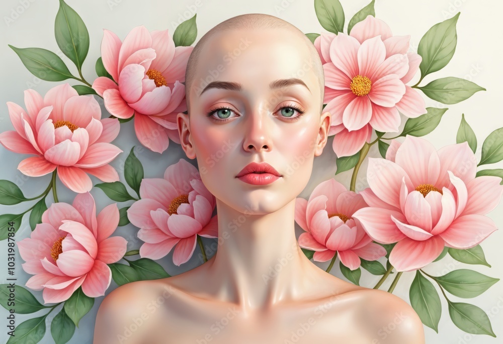 Serenity and Elegance: A Young Bald Woman in a White Dress Surrounded by Pink Peonies, Perfect for Wellness and Beauty Themes Serenity and Elegance: A Young Bald Woman in a White Dress Surrounded by Pink Peonies, Perfect for Wellness and Beauty Themes