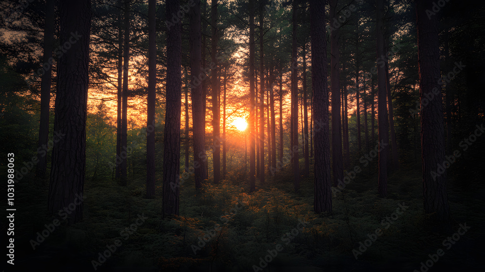 Sunset Through Pine Trees in a Forest Nature Woodland Golden Hour Landscape Photogra Sunset Through Pine Trees in a Forest Nature Woodland Golden Hour Landscape Photogra
