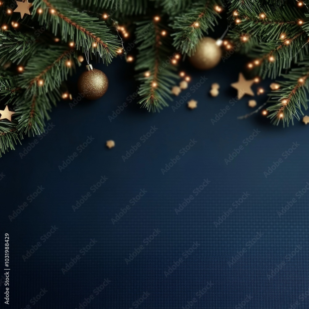 Christmas Background, Fir Branches With Golden Ornaments, Stars On Dark Blue, Festive Copy Space Christmas Background, Fir Branches With Golden Ornaments, Stars On Dark Blue, Festive Copy Space