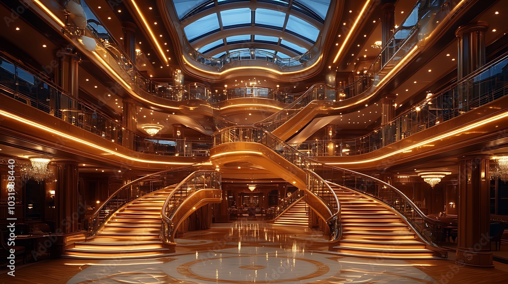 Obraz premium A grand, ornate staircase with a glass ceiling in a luxurious interior.