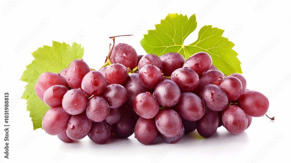Vibrant Red Grapes with Leaves: A Captivating Isolation on White Background -- Vibrant Red Grapes with Leaves: A Captivating Isolation on White Background --