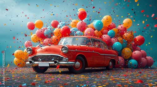 Clown Car Filled with Colorful Balloons and Confetti for Birthday Party Decor