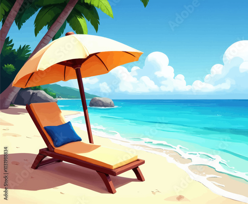 Beach Lounger with Umbrella and Palm Trees