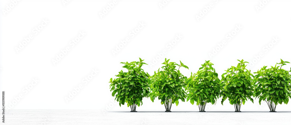 Obraz premium A row of vibrant green plants against a white background, symbolizing growth and nature.