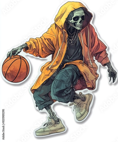 Skeleton Basketball Player Dribbling in Hoodie, isolated on white background