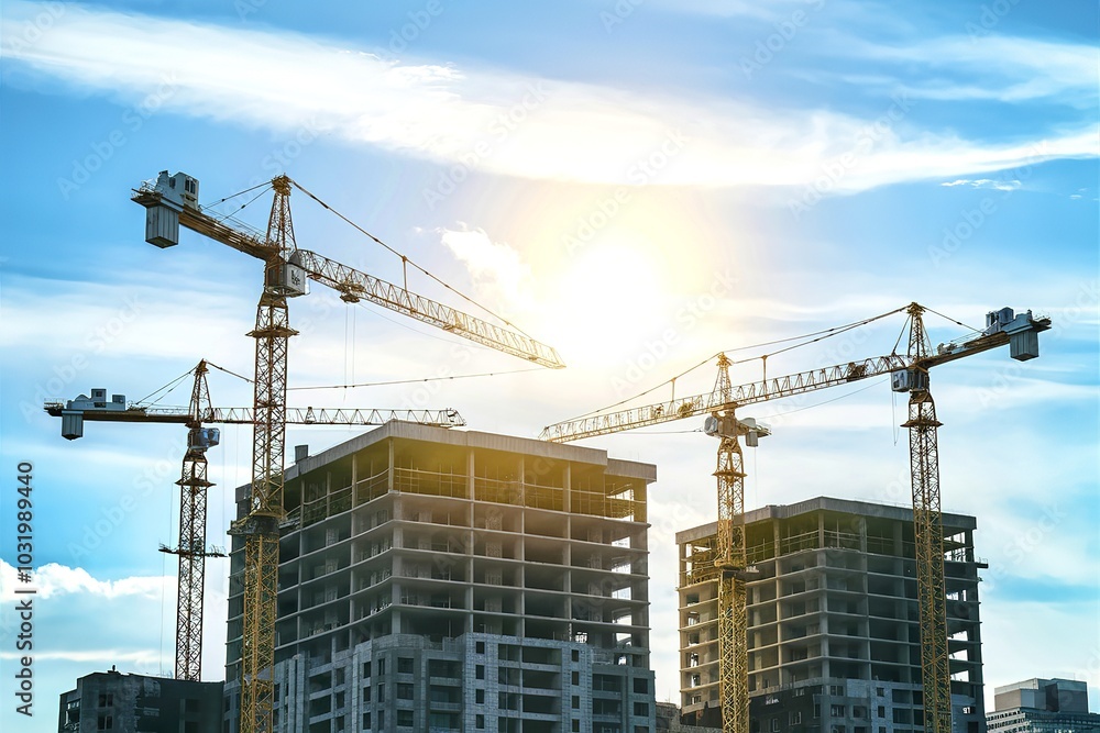 Construction Side with Four Cranes with Isolated on White Sky Section Construction Side with Four Cranes with Isolated on White Sky Section