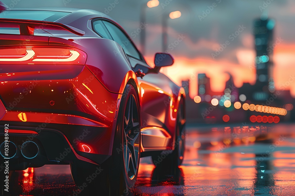 A red sports car is parked in the rain A red sports car is parked in the rain