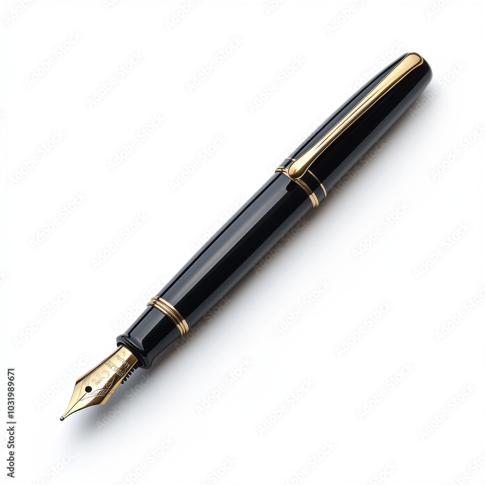 Elegant Black Fountain Pen with Silver Nib on a White Background Elegant Black Fountain Pen with Silver Nib on a White Background