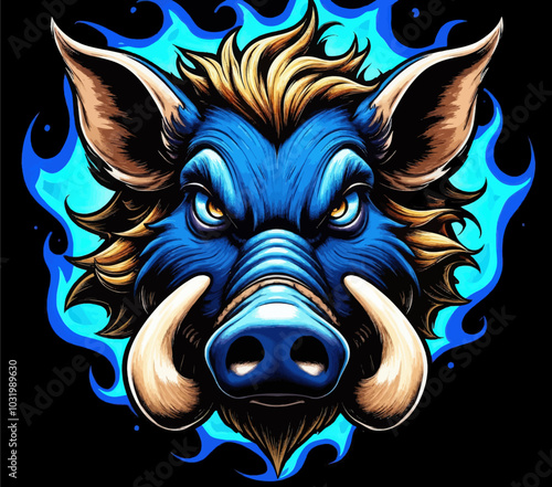 Blue Boar with Flames 
