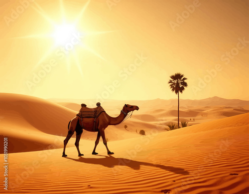 Camel Walking Through Desert Dunes 
