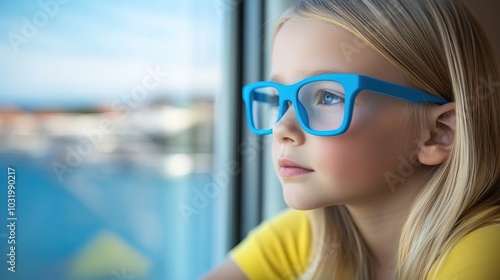 Young child wearing blue glasses focusing on distant tree outside window, symbolizing myopia prevention and importance of outdoor activities.