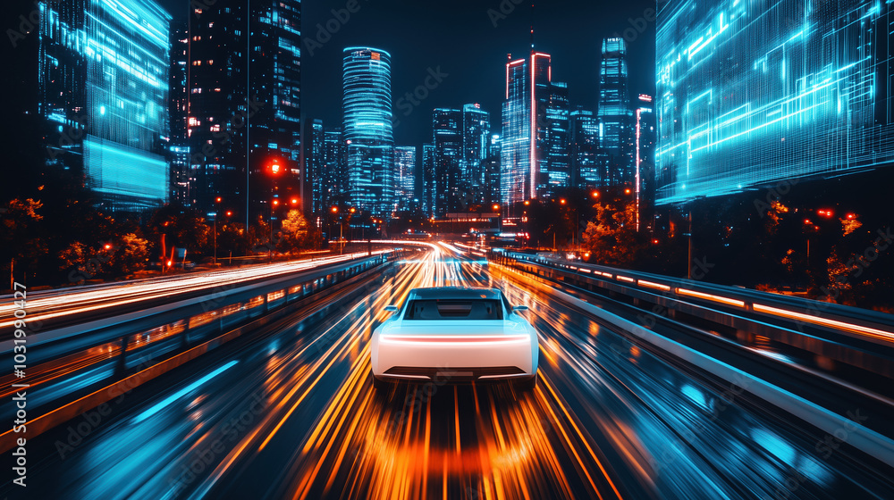 Futuristic Cityscape at Night with Cyberpunk Elements Featuring Neon Lights, Holographic Projections, and a White Car Speeding on a Highway in a Dramatic Urban Atmosphere Futuristic Cityscape at Night with Cyberpunk Elements Featuring Neon Lights, Holographic Projections, and a White Car Speeding on a Highway in a Dramatic Urban Atmosphere