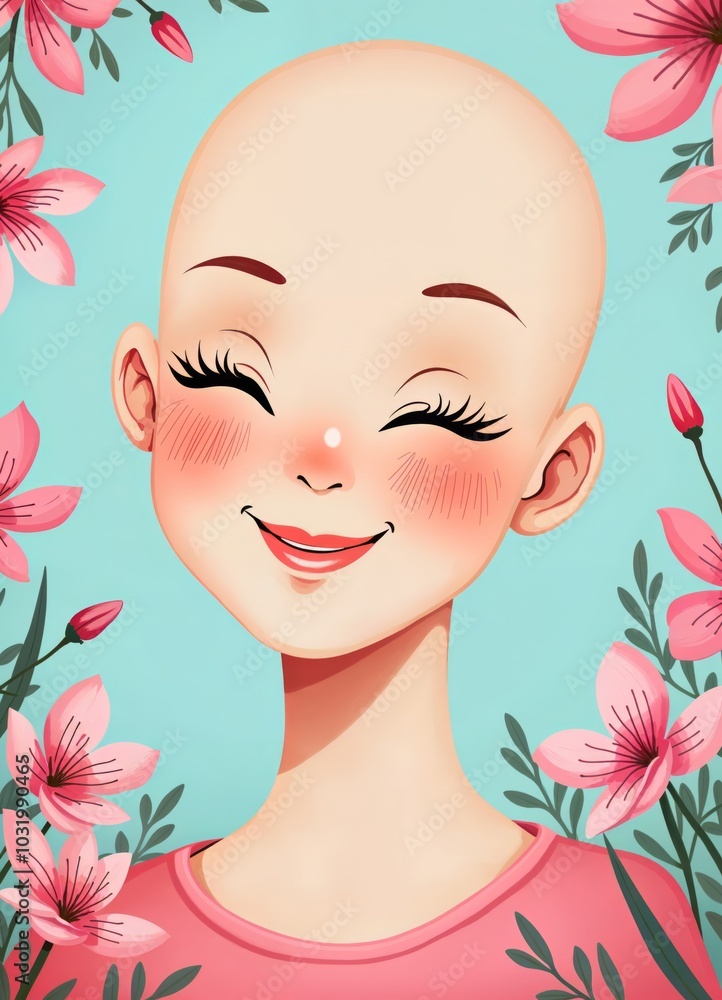 Vibrant Illustration of a Young Bald Woman with Rosy Cheeks and Red Lips Against a Blue Background with Pink Flowers for Artistic Projects Vibrant Illustration of a Young Bald Woman with Rosy Cheeks and Red Lips Against a Blue Background with Pink Flowers for Artistic Projects