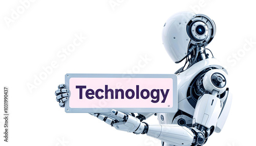 Robot holding a sign with the inscription technology. Innovation, information technology. Robot background photo