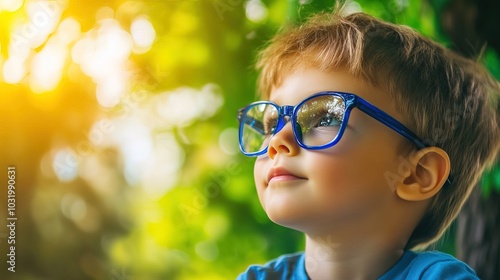 Young child wearing blue glasses focusing on distant tree outside window, symbolizing myopia prevention and importance of outdoor activities.