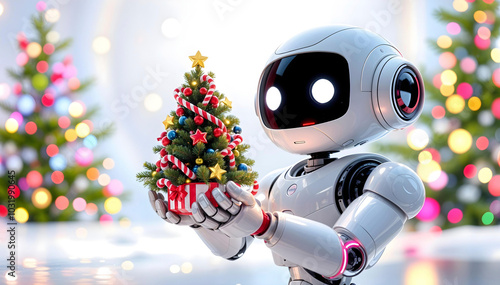 Cute white robot holding a Christmas tree. Christmas, New Year background. Celebration, invitation photo