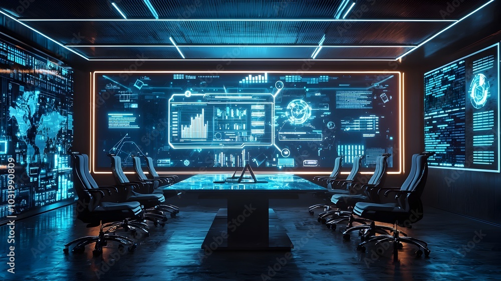 Futuristic AI Driven Marketing Conference Room with Holographic Displays and Predictive Analytics Futuristic AI Driven Marketing Conference Room with Holographic Displays and Predictive Analytics