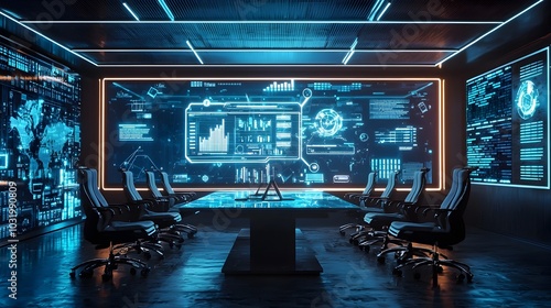 Futuristic AI Driven Marketing Conference Room with Holographic Displays and Predictive Analytics