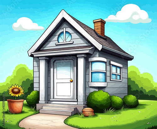 Cartoon Suburban House with Sunflower