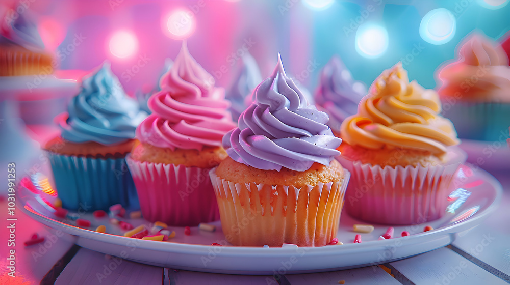 A plate of colorful vanilla cupcakes with buttercream frosting A plate of colorful vanilla cupcakes with buttercream frosting