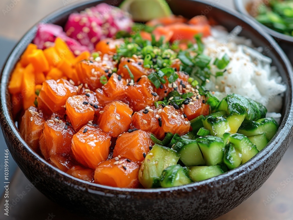 Colorful Poke Bowl with Fresh Salmon, Diced Vegetables, and Rice Garnished with Chives Colorful Poke Bowl with Fresh Salmon, Diced Vegetables, and Rice Garnished with Chives