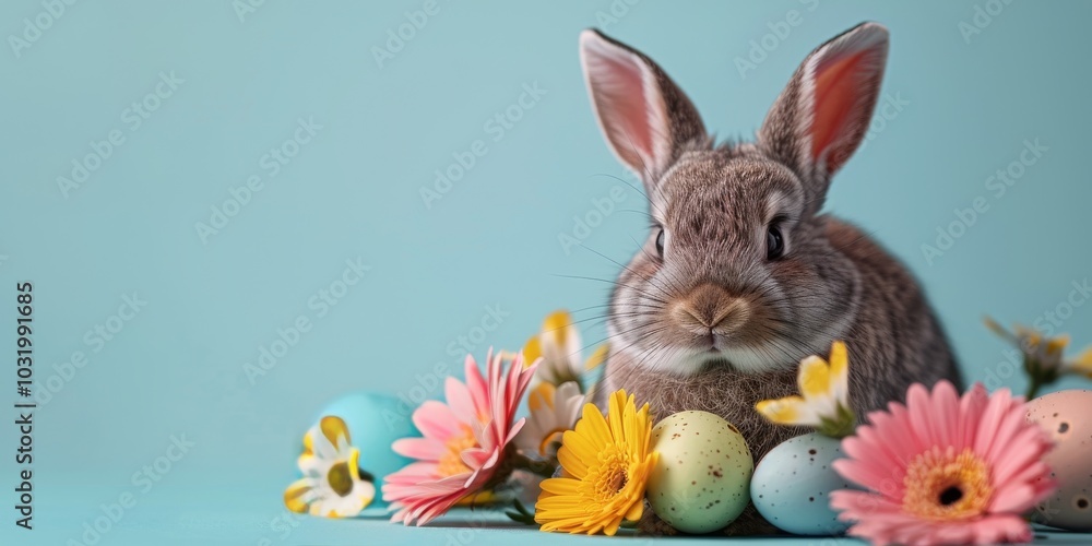 A cute rabbit surrounded by colorful Easter eggs and vibrant flowers on a pastel backdrop A cute rabbit surrounded by colorful Easter eggs and vibrant flowers on a pastel backdrop