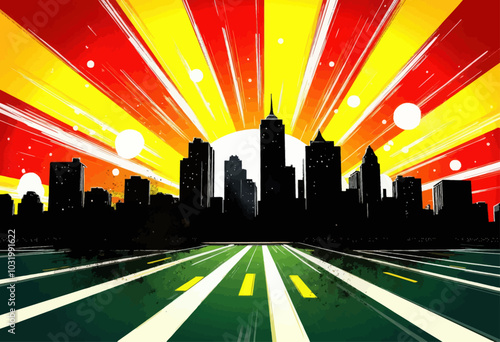 Cityscape with Comic Book Style Sunburst Effect