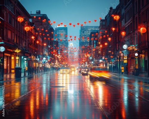 Vibrant city street illuminated by lanterns on a rainy night.