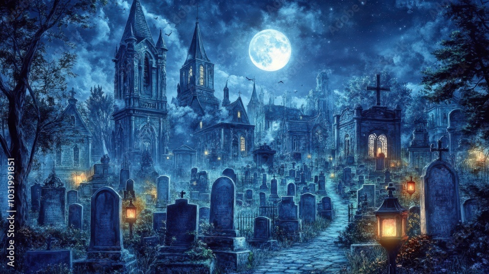 Haunting Night in a Spooky Graveyard Under Moonlight Haunting Night in a Spooky Graveyard Under Moonlight