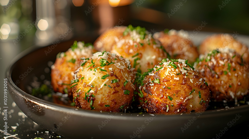 A plate of crispy arancini with a sprinkle of parmesan and herbs A plate of crispy arancini with a sprinkle of parmesan and herbs