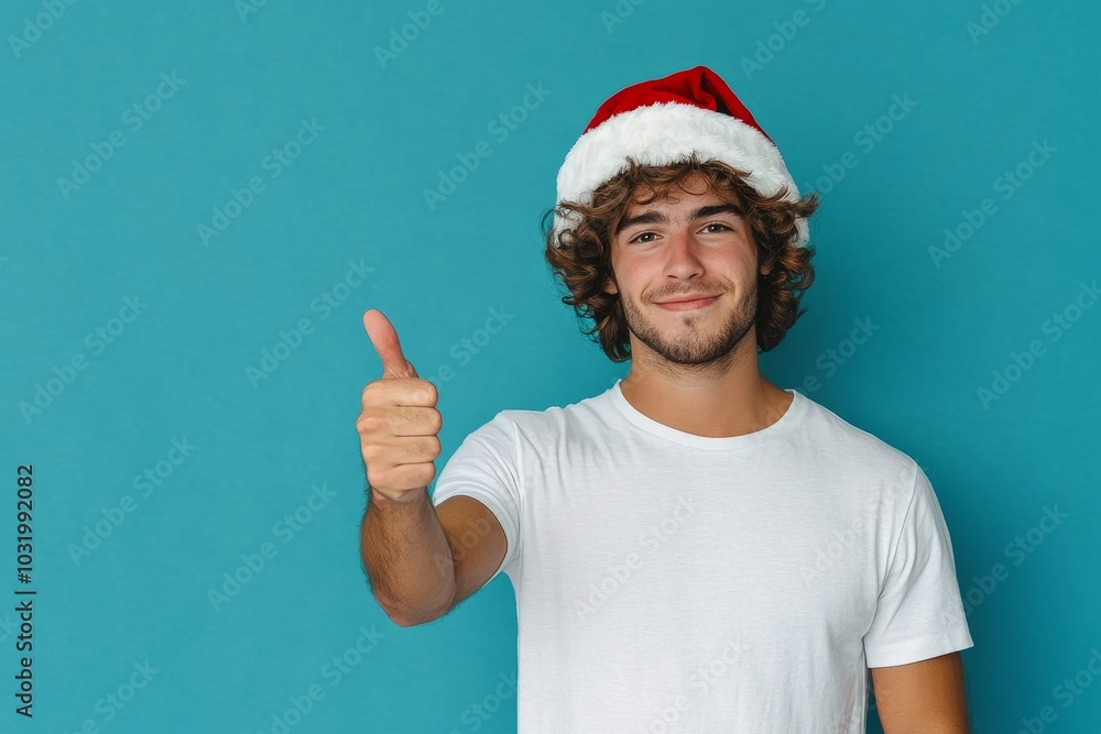 Young caucasian man wearing christmas hat standing over isolated blue background pointing thumb at green screen phone, Generative AI Young caucasian man wearing christmas hat standing over isolated blue background pointing thumb at green screen phone, Generative AI
