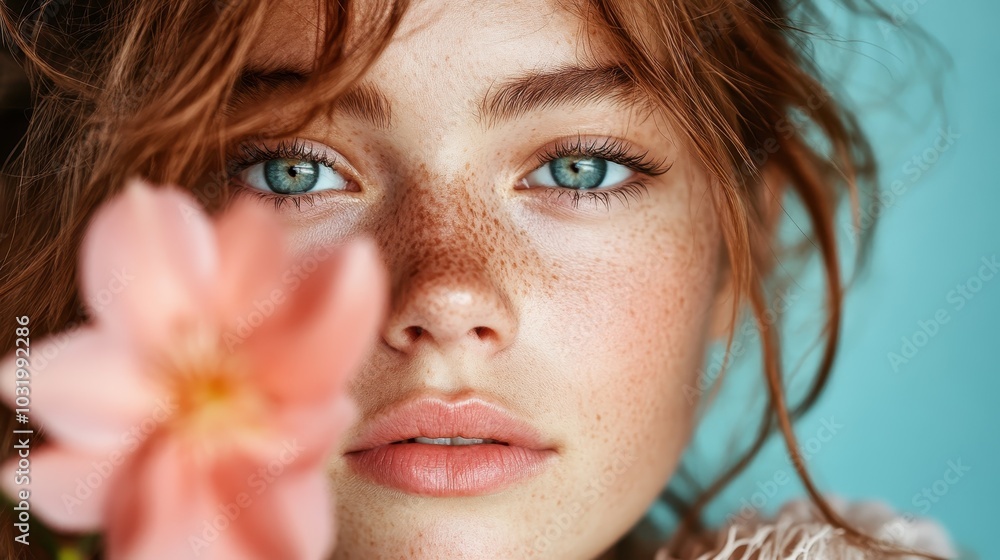 A close-up portrait of a freckled girl with a bold gaze, holding a flower. Her vibrant red hair frames the face, highlighting her striking features beautifully. A close-up portrait of a freckled girl with a bold gaze, holding a flower. Her vibrant red hair frames the face, highlighting her striking features beautifully.
