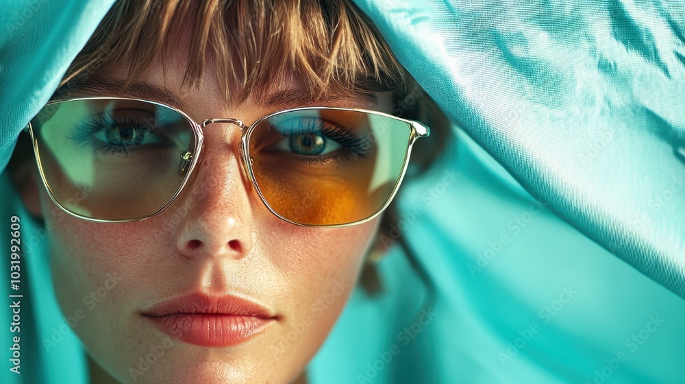 A woman wearing trendy glasses under a veil of teal fabric, emphasizing her captivating eyes and elegant look in an artistic expression of modern style. A woman wearing trendy glasses under a veil of teal fabric, emphasizing her captivating eyes and elegant look in an artistic expression of modern style.