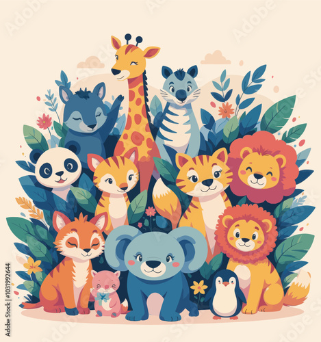 Wallpaper Mural Cute Animal Cartoon Illustration  
 Torontodigital.ca