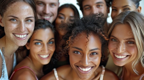 A group of diverse friends smiling brightly together in a cozy indoor setting during daytime