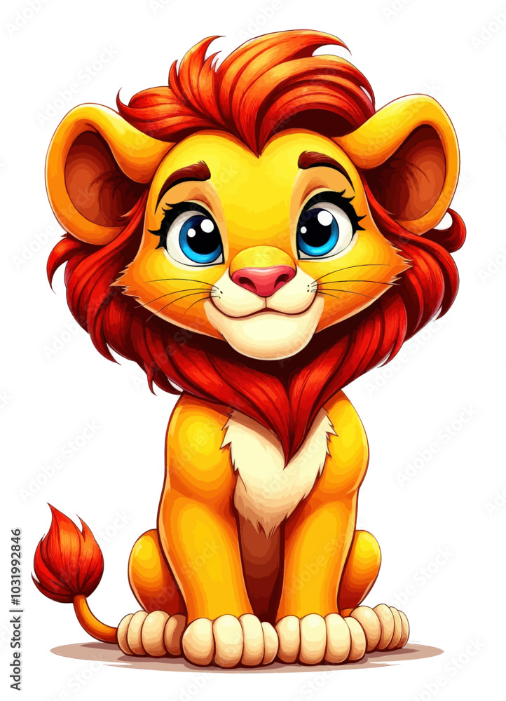 Naklejka premium Cute Cartoon Lion Cub with Red Mane