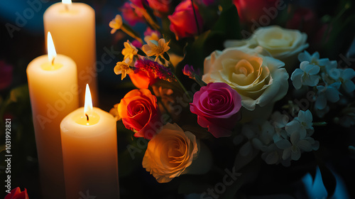 Bouquet of flowers with candles in the background. The candles are lit and the flowers are in a vase. Scene is warm and inviting