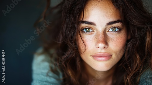 A captivating portrait of a woman with vibrant green eyes, expressive freckles, and unruly dark hair that adds an enigmatic and soulful touch to her presence. photo