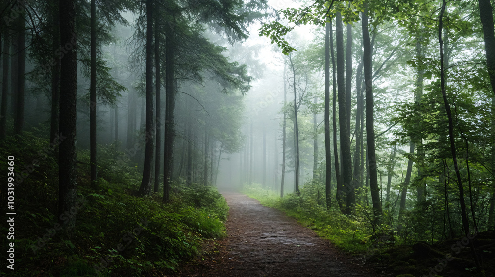 A foggy forest path where every sound seems amplified in the silence. A foggy forest path where every sound seems amplified in the silence.