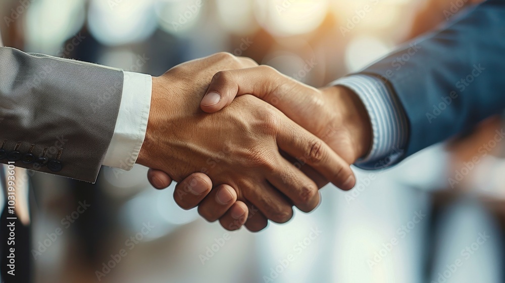 Two individuals engaging in a handshake to signify agreement in a business setting Two individuals engaging in a handshake to signify agreement in a business setting