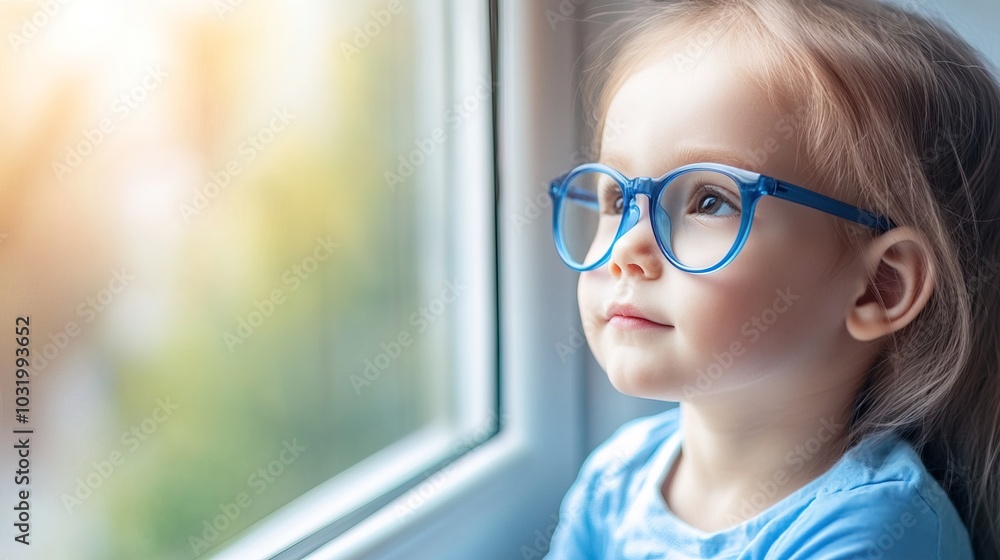 Young child wearing blue glasses focusing on distant tree outside window, symbolizing myopia prevention and importance of outdoor activities. Young child wearing blue glasses focusing on distant tree outside window, symbolizing myopia prevention and importance of outdoor activities.