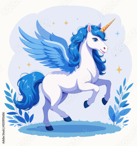 Fantasy Unicorn Illustration
Blue-winged unicorn with golden horn
Whimsical mythical creature on a blue background