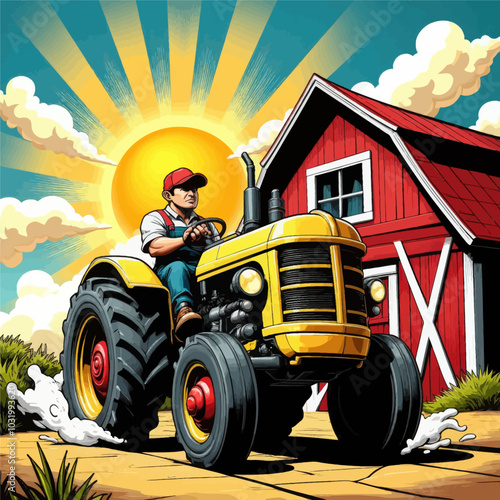 Farmer driving tractor past red barn